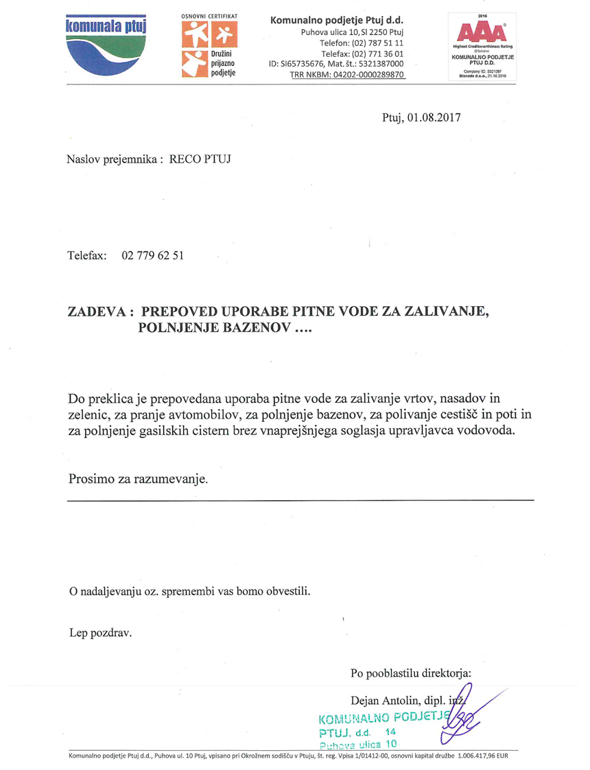 Prepoved uporabe pitne vode za zalivanje, polnjenje bazenov,...